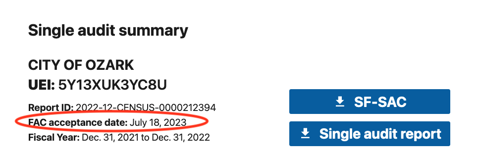 a view of a historical FAC record summary result page with the acceptance date circled in red