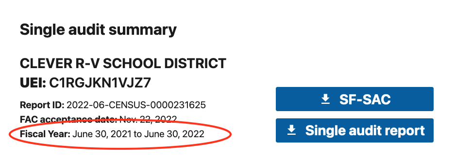 a view of FAC search results with a historical record incorrect fiscal start date circled in red