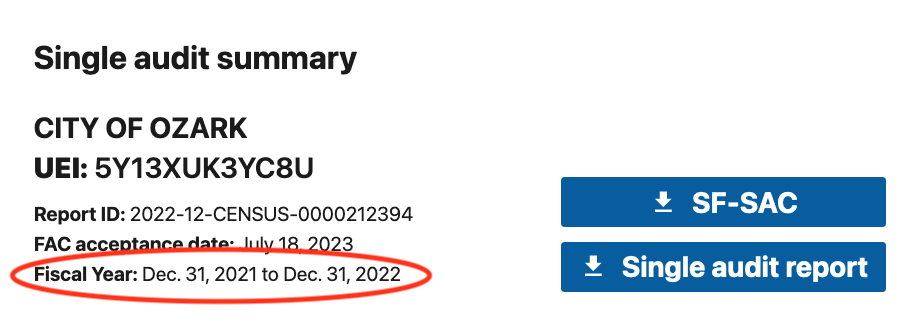 a view of FAC search results with a historical record incorrect fiscal start date circled in red